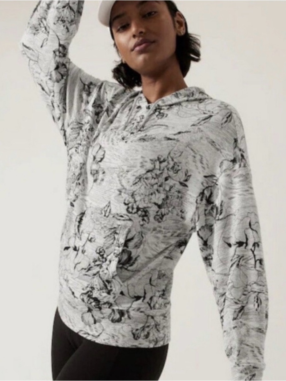 Athleta Floral Print Pullover Hoodie in Light Gray and Black
